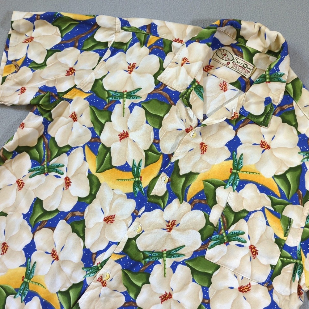 BayouWear HowAhYa Hawaiian Shirt Moonlit Magnolias Mens XL Blue Dragonfly Rayon